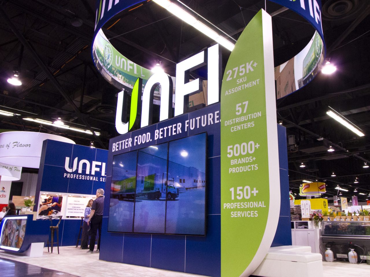 Wide-Angle View of the Video Monitor Area at the UNFI Exhibit at the Natural Products Expo West Show